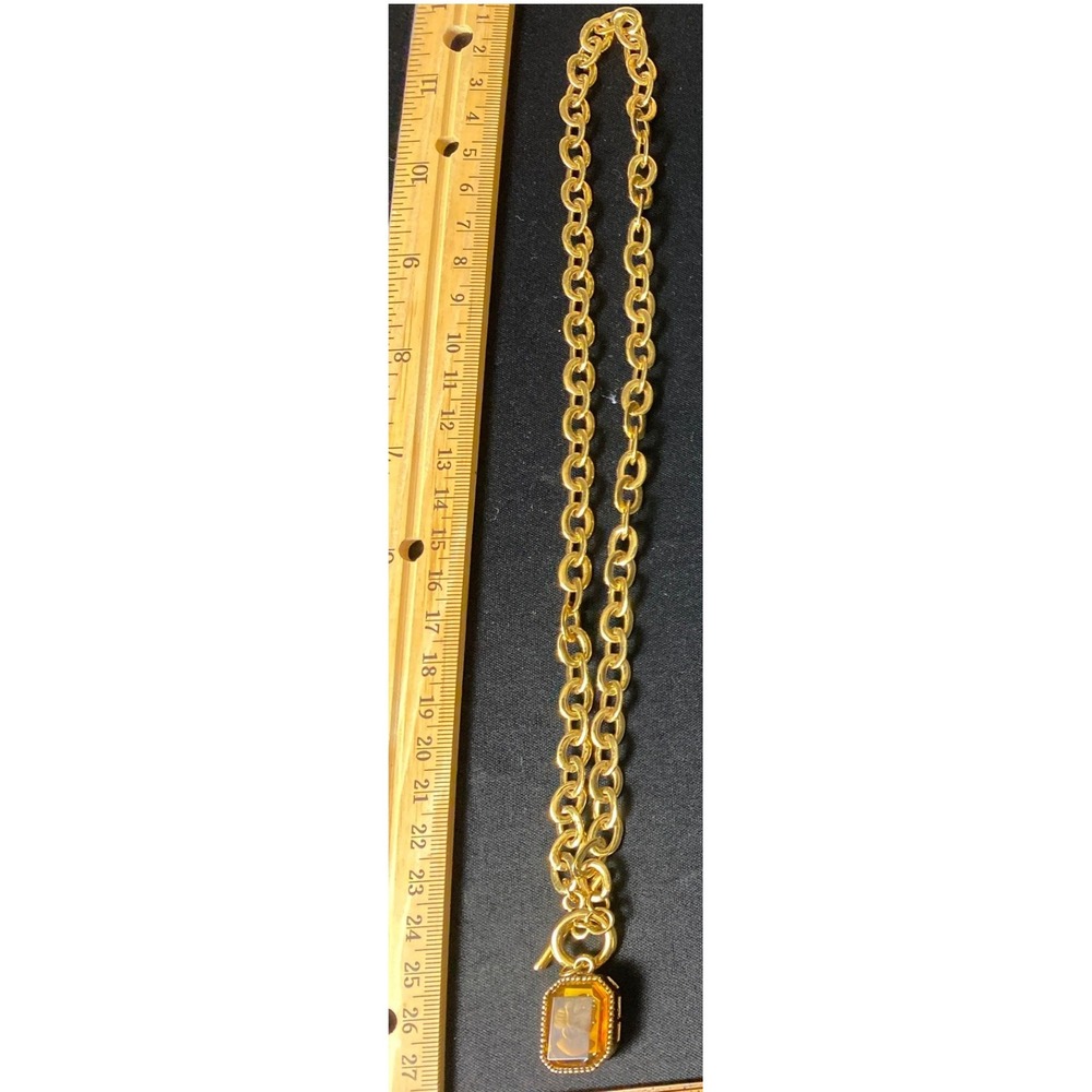 Gold Tone Chunky Chain Necklace with Amber or Citrine Pendant